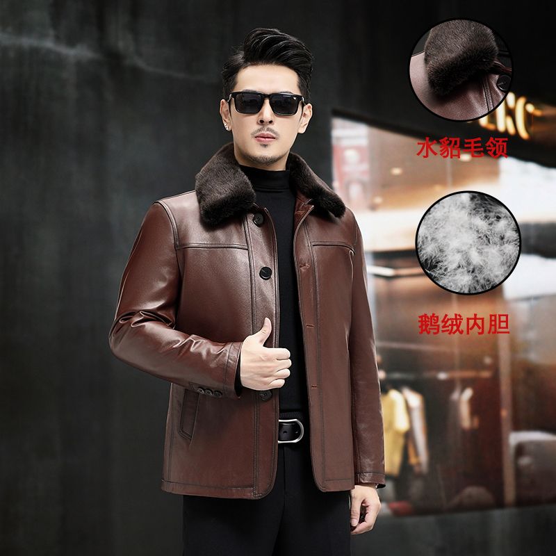 冬季新款真皮男士皮衣牛皮水貂毛翻领厚款中长风衣中年皮夹克外套