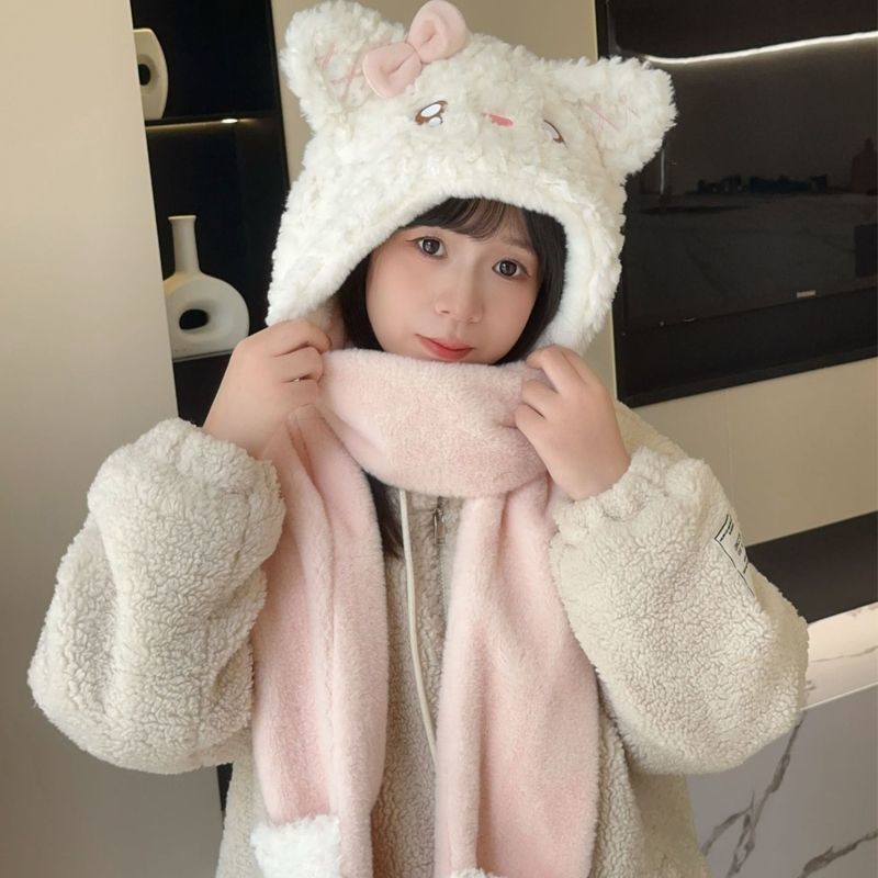 hellokitty帽子围巾一体可爱KT猫咪毛绒护耳围脖手套保暖
