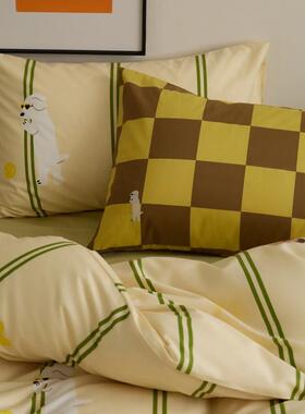 简约绿色条纹可爱狗狗纯棉全棉床上1.8m四件套宿舍被套床单三件套