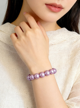 珍珠手链女手串天然澳母贝紫罗兰紫色个性弹力绳手链正圆强光百搭