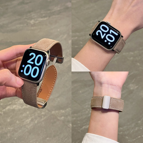 京帕新款磨砂牛皮磁吸iwatch表带s11适用苹果手表applewatch10运动9透气8真皮ultra3秋冬男款小众s9女款SE