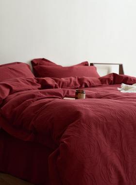 A类~轻奢大红色结婚庆喜庆提花全棉四件套玫瑰加厚纯棉1.8/2.0m