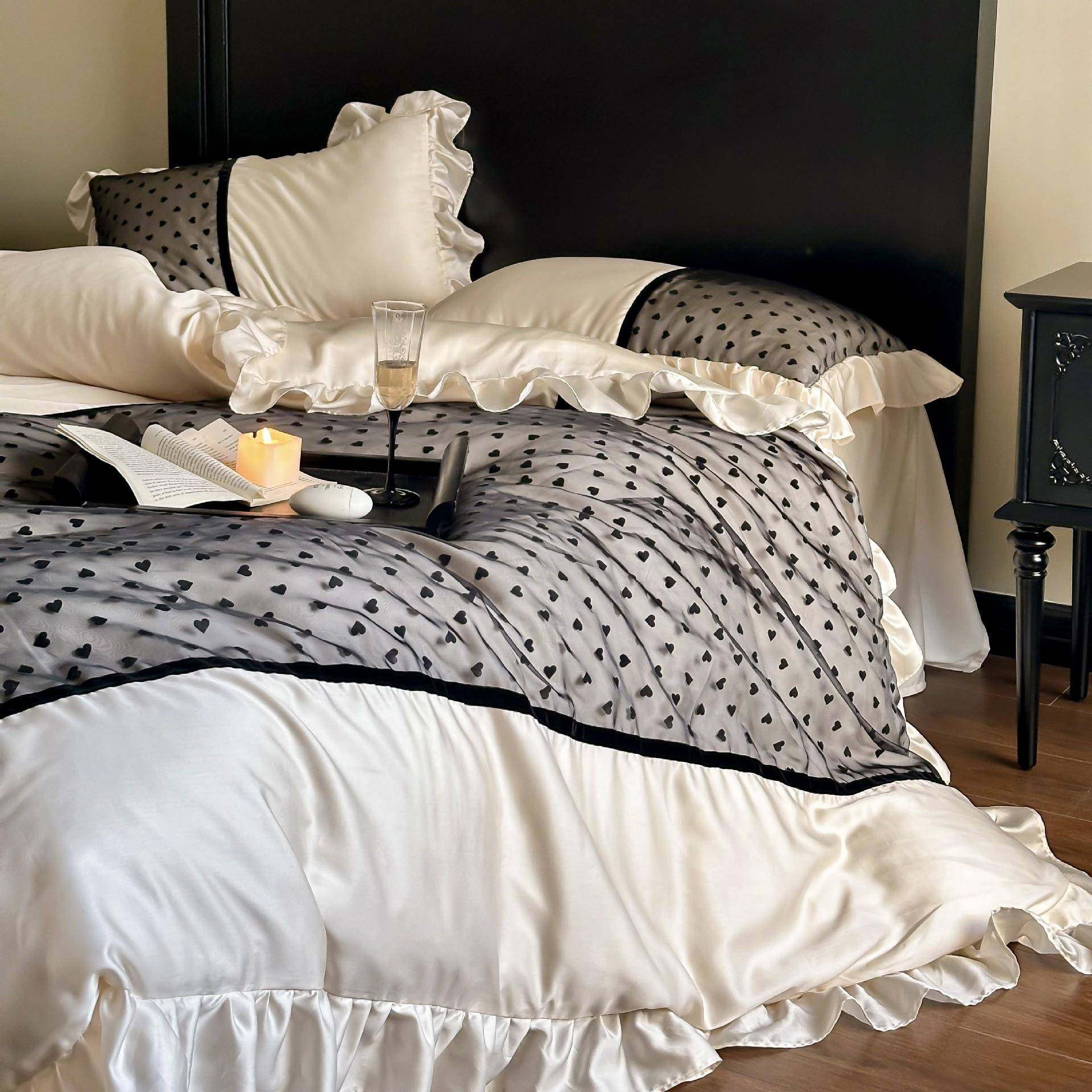 法式浪漫风60S兰精天丝复古爱心刺绣欧根纱被套床单床上用品1.8