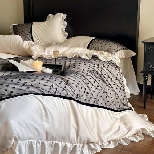 法式浪漫风60S兰精天丝复古爱心刺绣欧根纱被套床单床上用品1.8