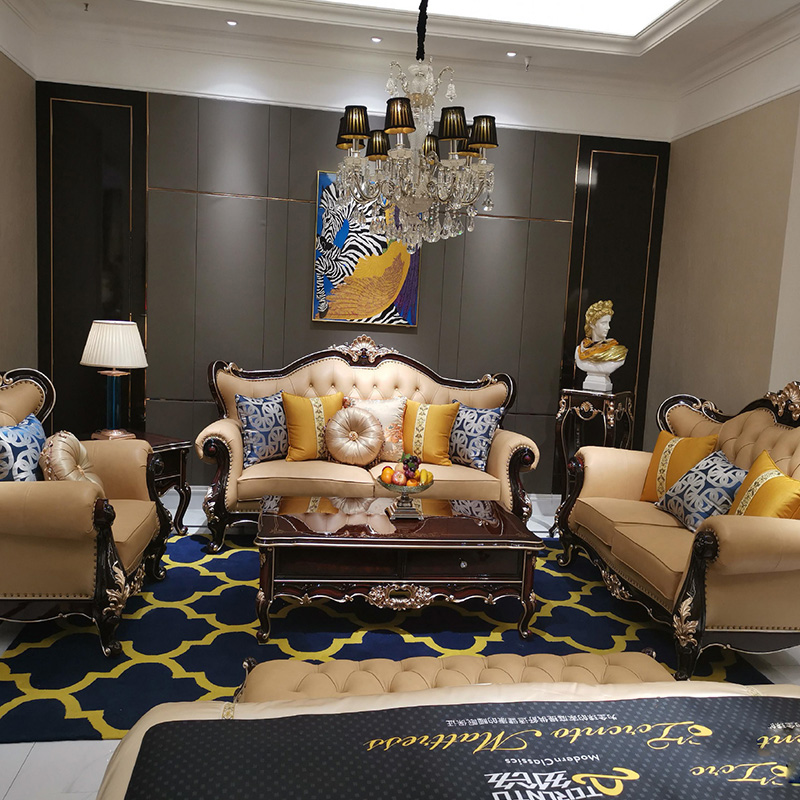 欧式轻奢实木雕花真皮沙发家具