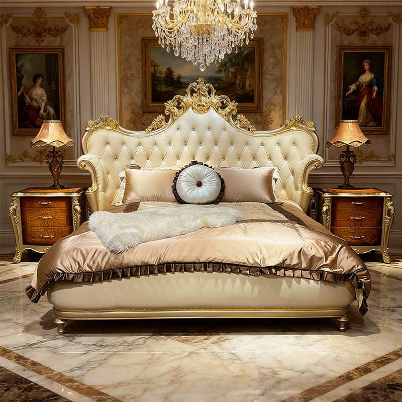 欧式轻奢实木床欧式主卧软包真皮婚床新古典实木雕花1.8米公主床