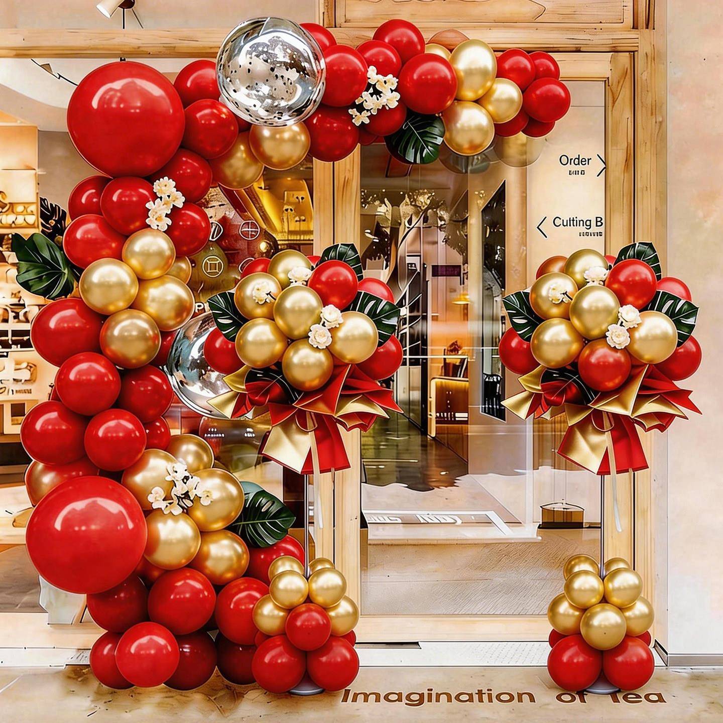 五一节红金气球装饰半拱门立柱花篮商场门店开业周年活动氛围布置图片