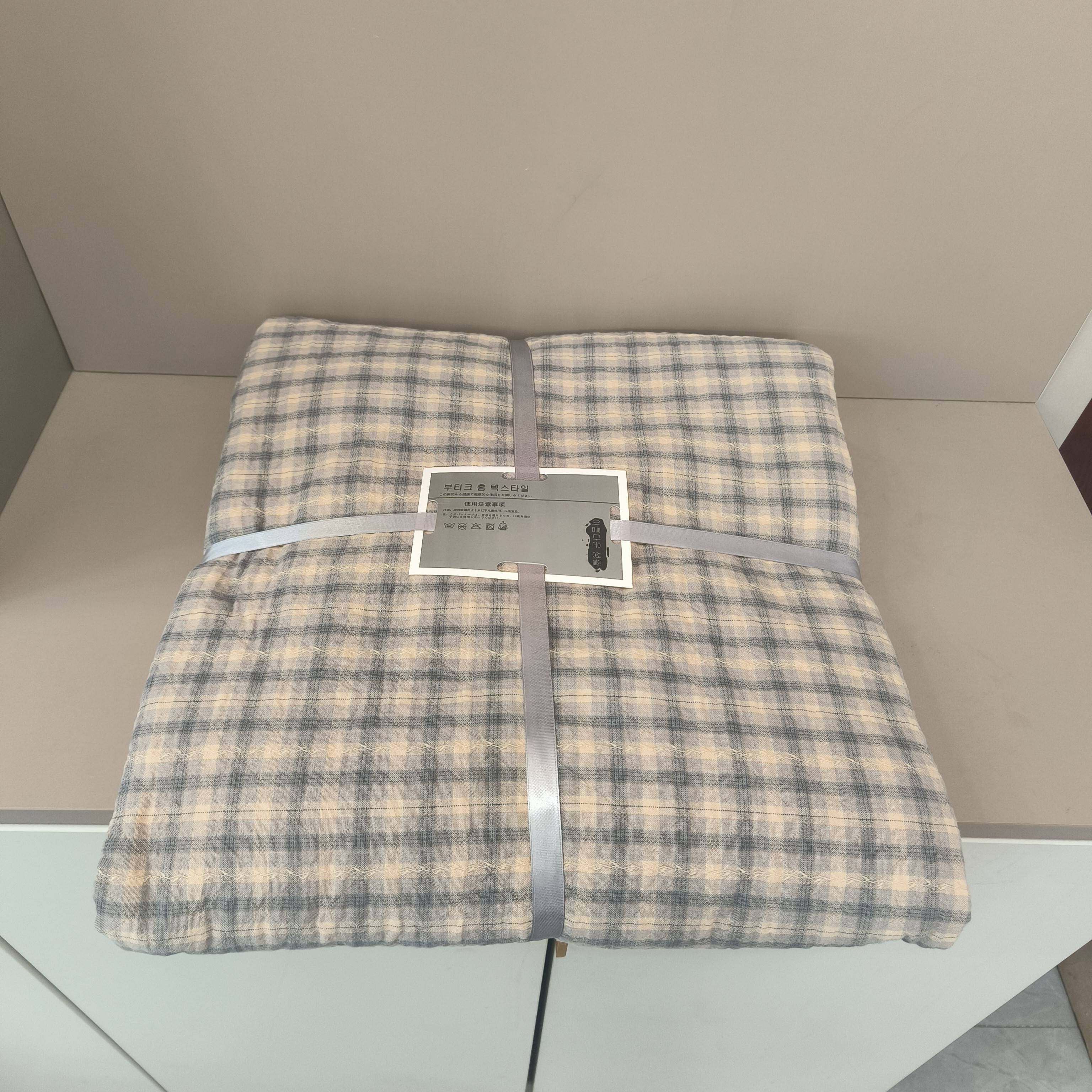 实体店沐瑟纯棉三层纱布水洗提花格子单双人毛巾被纱布毯枕巾枕套