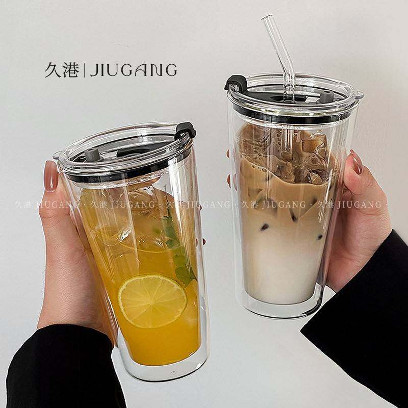 高硼硅双层玻璃杯防烫水杯子高颜值家用带盖吸管杯冰咖啡杯饮料杯,餐饮具,玻璃杯,淘宝优惠券,粉丝福利购,淘宝优惠卷