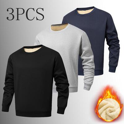 3pcs Men's Fleece Lined Crew Neck Sweatshirts Winter Warm