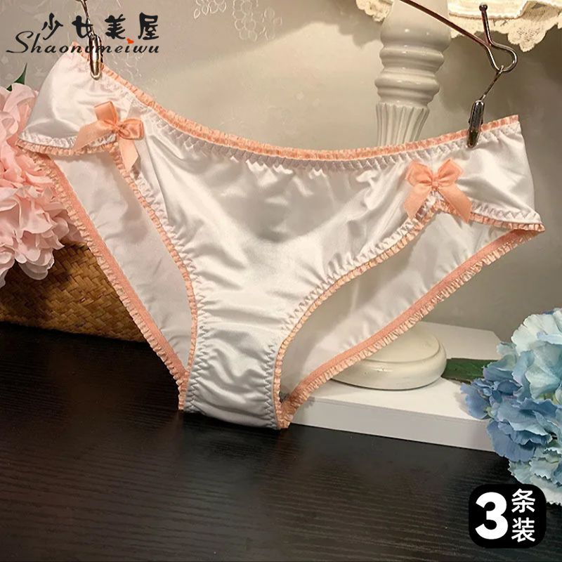 2026爆款日系软妹可爱蕾丝内裤女丝滑缎面速干木耳边蝴蝶结低腰少