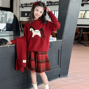 女童套装2025新款冬季大童红色拜年服儿童加厚毛衣百褶裙子两件套