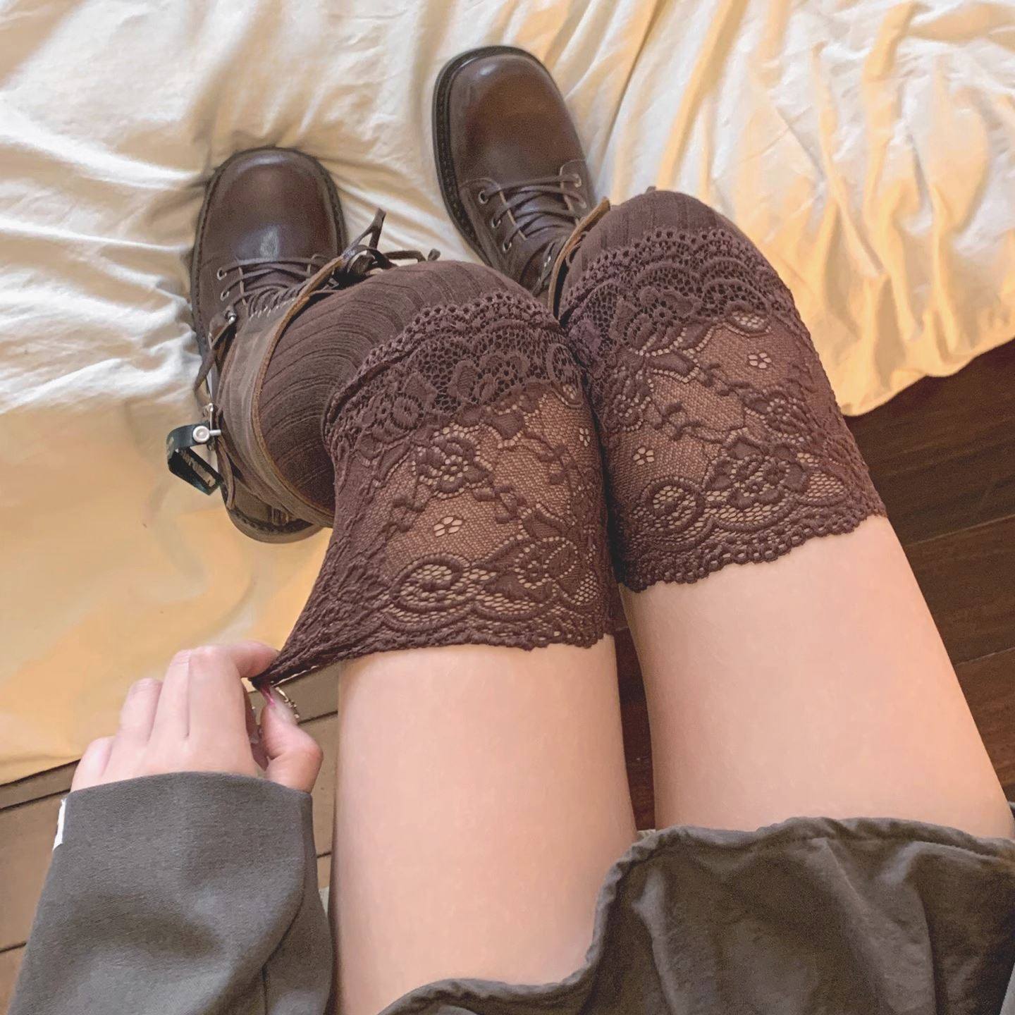 棕色蕾丝花边过膝袜女配靴子咖色小腿袜秋冬长筒靴袜子春秋长袜秋,女士内衣/男士内衣/家居服,长筒袜,淘宝优惠券,粉丝福利购,淘宝优惠卷