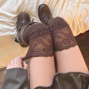 棕色蕾丝花边过膝袜女配靴子咖色小腿袜秋冬长筒靴袜子春秋长袜秋
