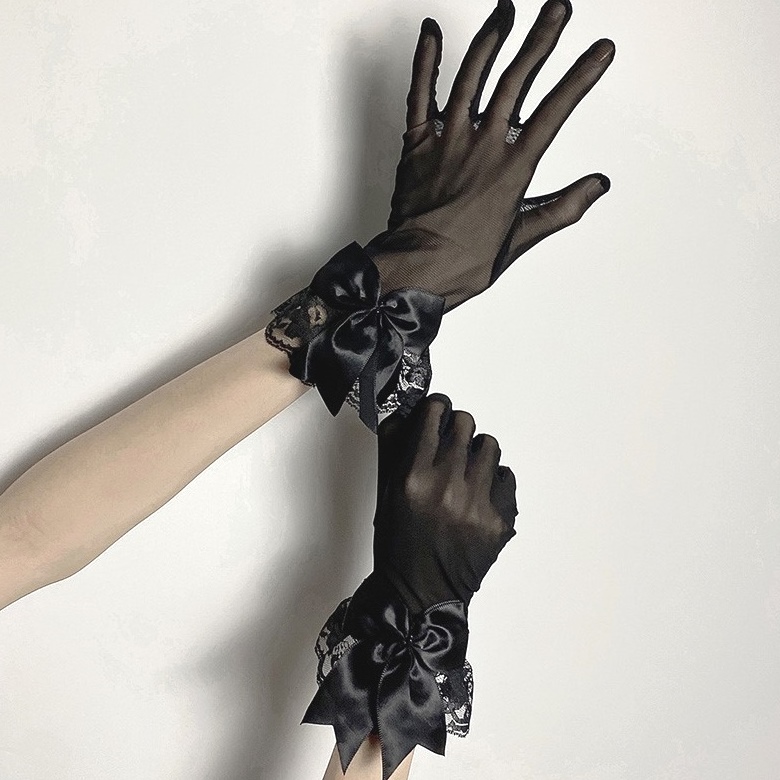 洛丽塔蕾丝花边黑色手套cos蝴蝶结赫本风礼仪黑色法式复古礼服潮
