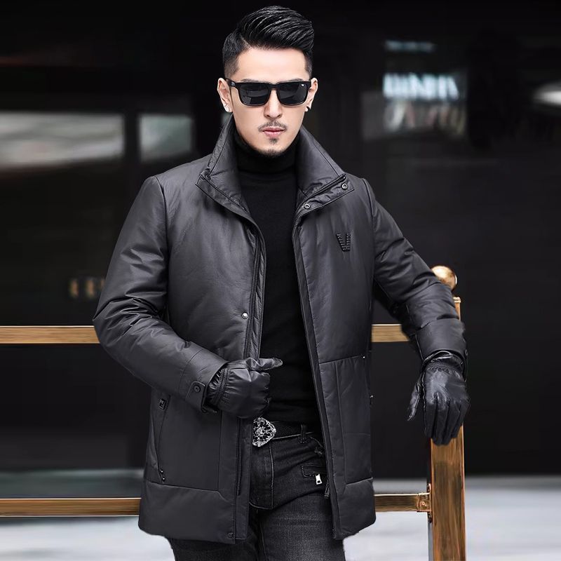 海宁新款真皮羽绒服男中长款牛皮风衣休闲立领白鸭绒厚外套皮衣冬