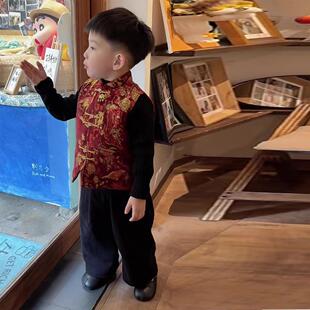拜年服男童汉服唐装马甲冬装儿童新中式红色夹棉背心宝宝周岁礼服