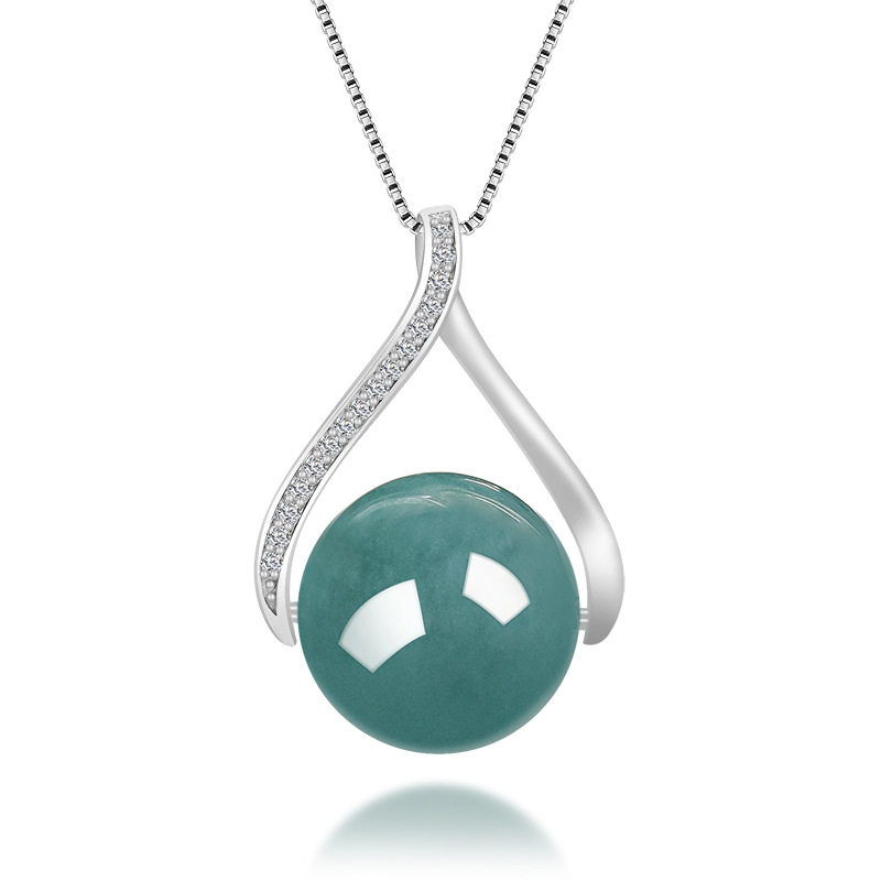 天然A货翡翠蓝水圆珠吊坠糯种玉石S925银镶嵌时尚简约女款首饰