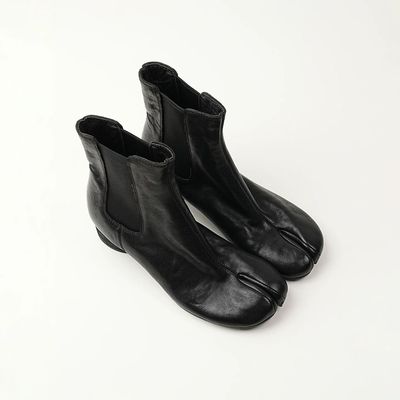 赫本风英伦复古时尚猪蹄短靴女中跟4cm粗跟分趾鞋潮切尔西靴黑色