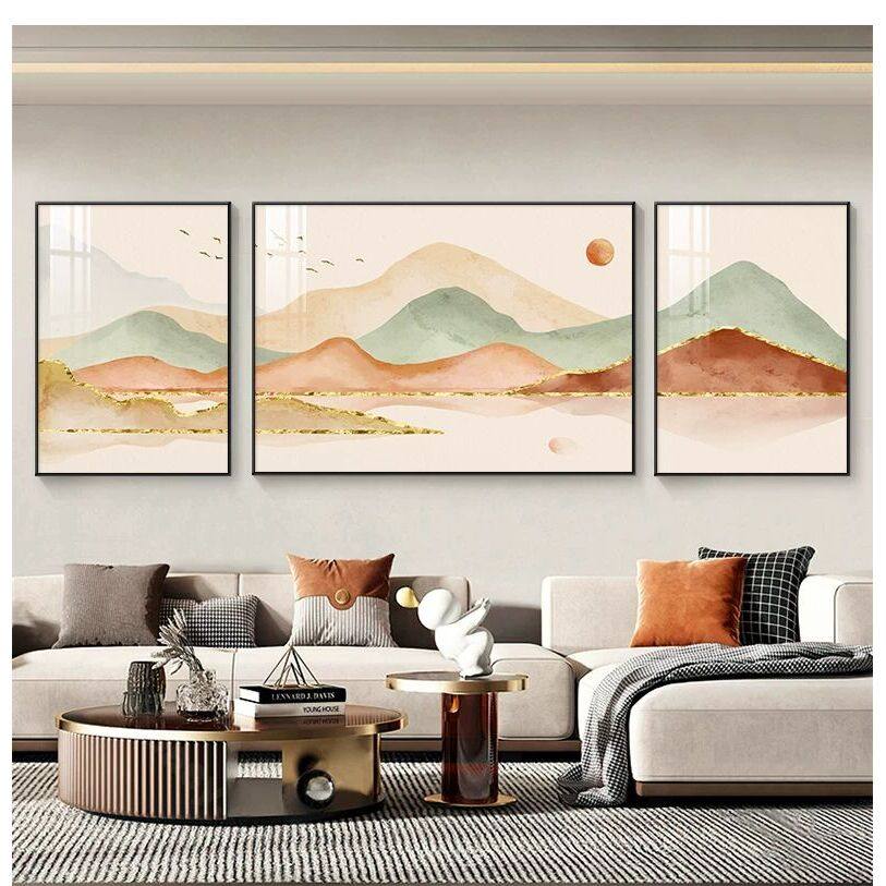 背有靠山客厅装饰画旭日东升三联壁画山水画新中式沙发背景墙挂画,家居饰品,现代装饰画,淘宝优惠券,粉丝福利购,淘宝优惠卷