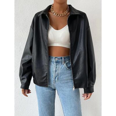 Drop Shoulder Zip Up PU Cropped Leather Jacket Long