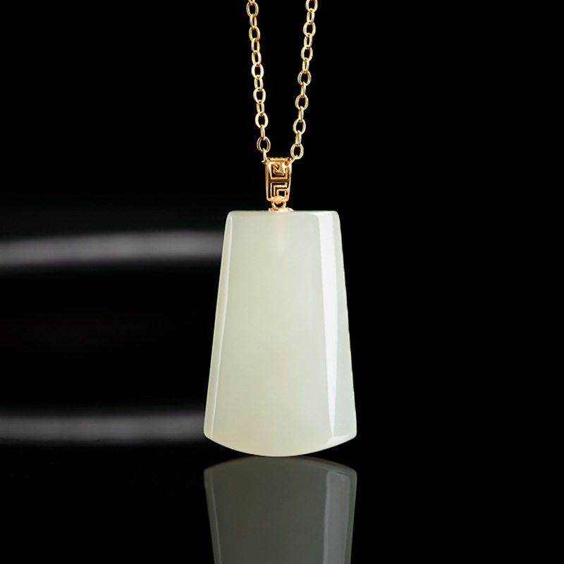 天然老料和田玉白玉无事牌吊坠正品18K金镶玉石挂件项链男士女款