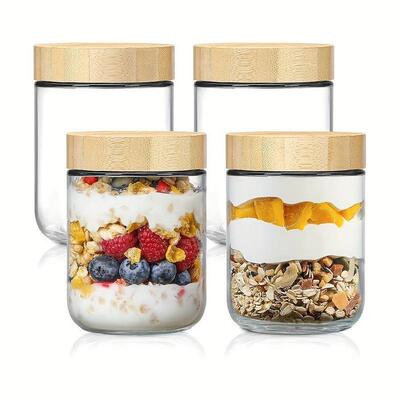 4 PieceBamboo Lid Oatmeal Containers Glass Jars with Sealed