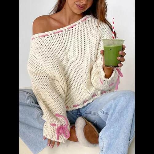 Women Sweet Tie Sweater Fall Winter Cute Casual Daily