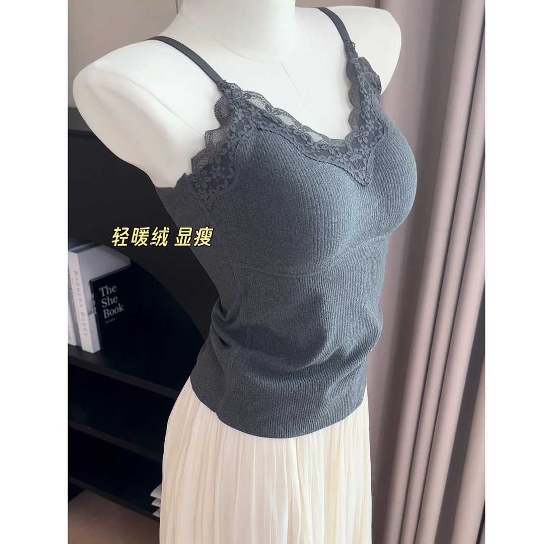 原创秋冬V领蕾丝螺纹保暖内衣吊带背心女带胸垫无痕内搭文胸罩,女士内衣/男士内衣/家居服,保暖背心,淘宝优惠券,粉丝福利购,淘宝优惠卷