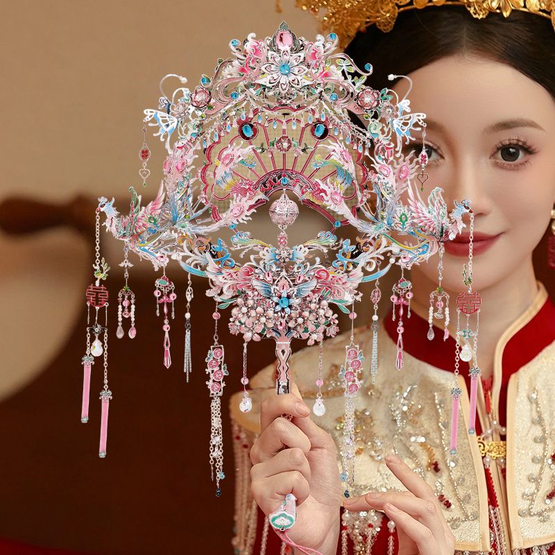 钢达银色粉色凤冠喜扇手工diy金属拼装模型3d拼图立体女生摆件