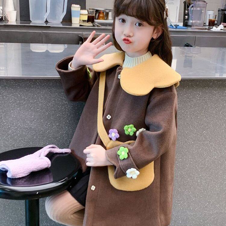 女童春秋外套2024新款儿童中长款洋气时髦毛呢大衣秋季小女孩风衣