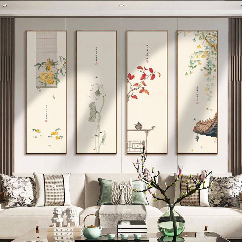 新中式客厅装饰画四联屏风挂画茶室沙发背景墙中国风壁画荷花国画