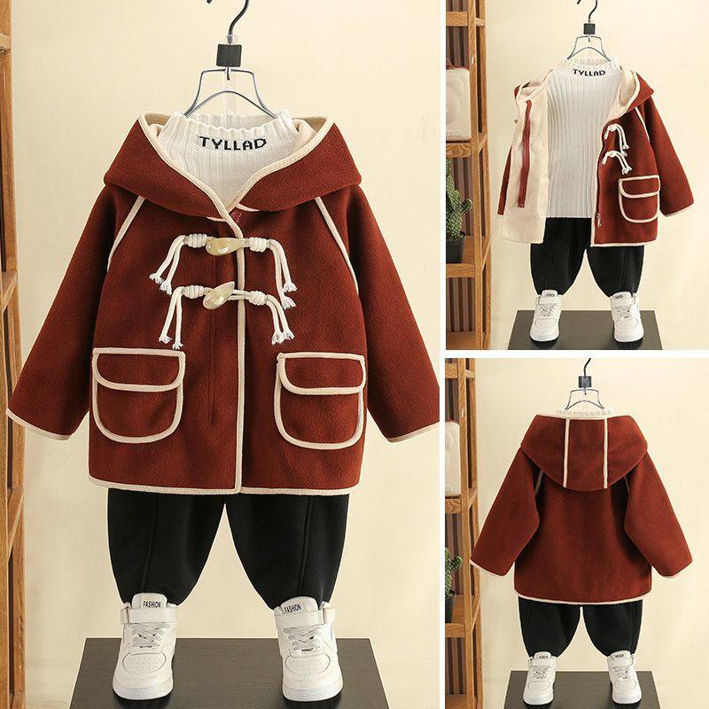 男童2025秋冬款加绒加厚皮毛一体韩版休闲中小童呢子外套潮酷洋气