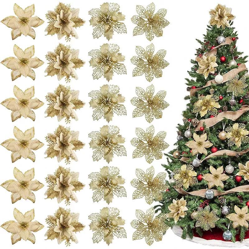 8/16Pcs/set Glitter Artifical Christmas Flowers Christmas Tr