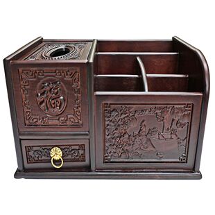 黑檀木色桌面收纳盒复古实木茶几遥控器整理花梨木深色收纳盒客厅