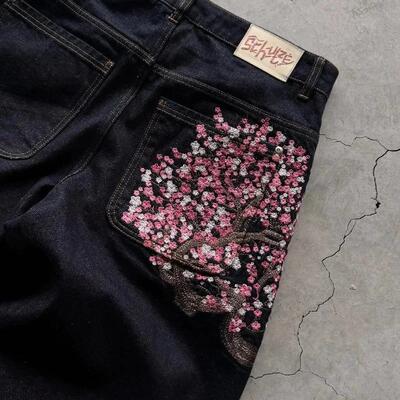 Baggy jeans Cherry Blossom Selvedge Embroidery Denim Pants