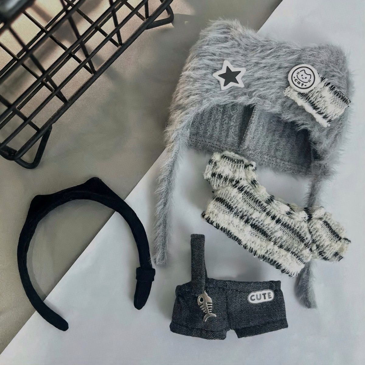 新品10cm棉花娃娃Y2K灰色机能风奶酷小猫10cm海星体娃娃又奶又酷