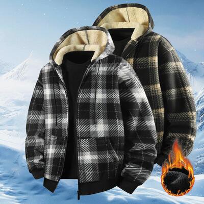 Men's Plaid Jacket Long Sleeve Hooded Fleece Lined Warm