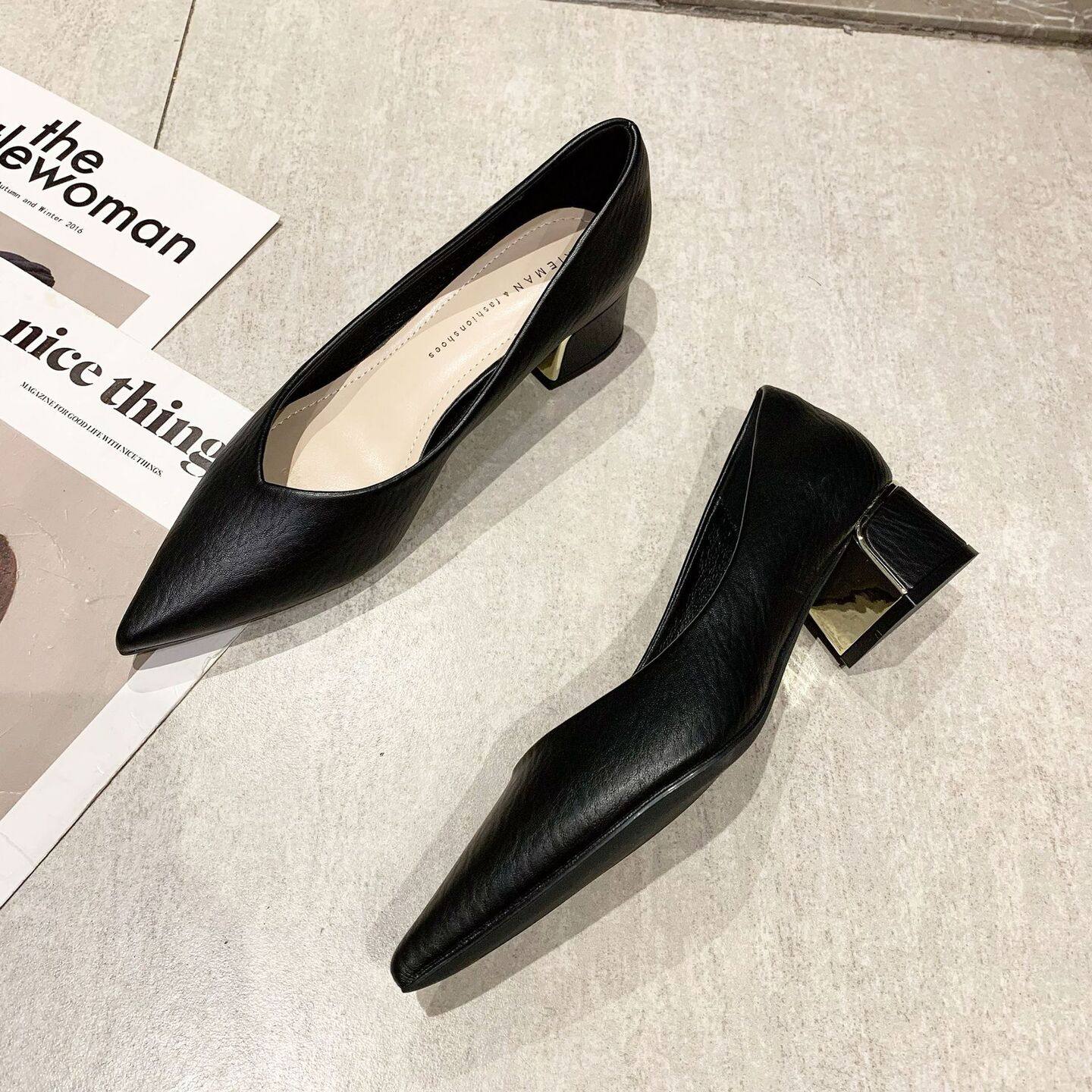 小码高跟鞋34码软皮通勤粗跟尖头浅口性感V口女式单鞋2026年百搭,女鞋,浅口单鞋,淘宝优惠券,粉丝福利购,淘宝优惠卷