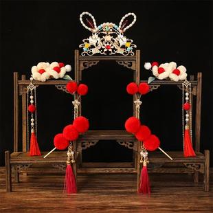 明制汉服女童头饰新年发饰小财神头饰古风汉服发冠红色喜庆过年发