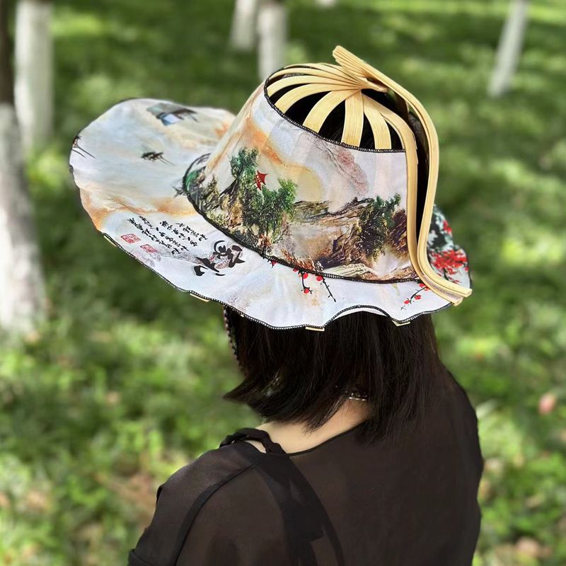 扇子帽子两用折叠供应夏季旅游休闲可折叠扇子帽竹帽遮阳大沿碎花