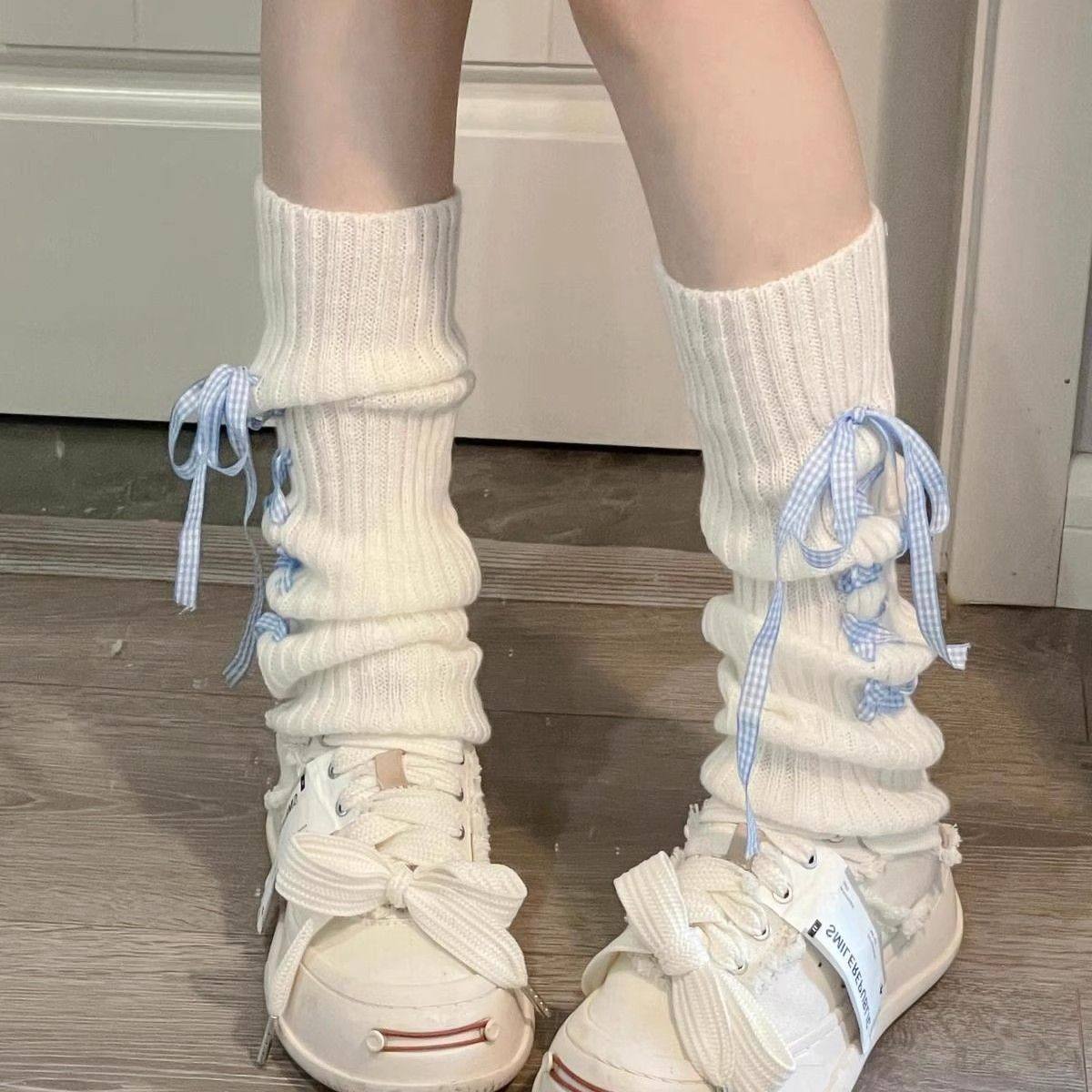 墩墩袜y2k格纹蝴蝶结绑带堆堆袜女秋冬加厚亚文化搭配jk小皮鞋日
