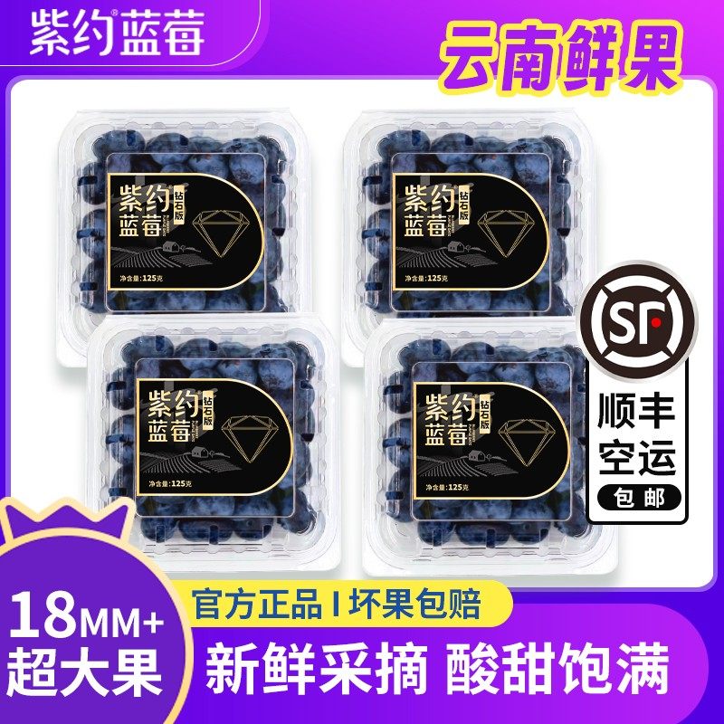 紫约云南高山花香蓝莓18-22mm+新鲜大果现采现发125g盒