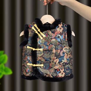 宝宝儿童拜年服马甲女童男童唐装汉服中国风红色加绒加厚冬装洋气