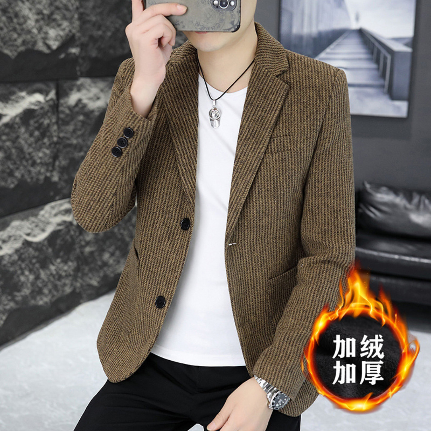 美丽精选好物男装男士个性加绒西服秋冬季时尚复古小西装加厚外套