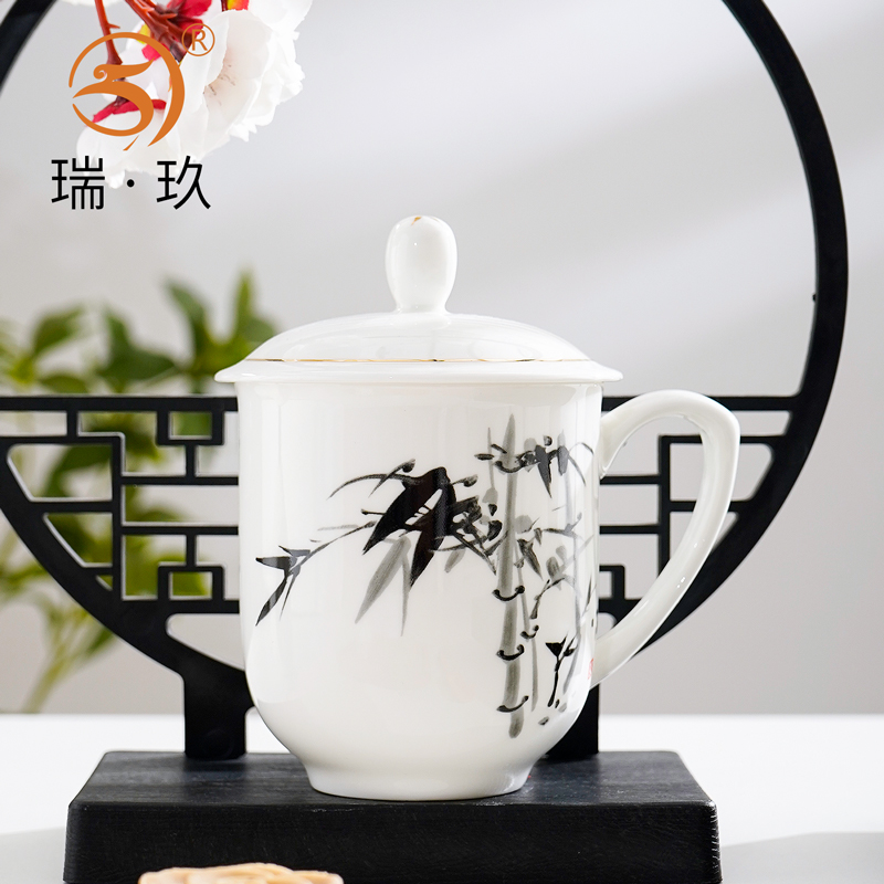 中式骨瓷办公杯茶杯家用带盖水杯会议杯陶瓷盖杯待客杯子定.制LOG