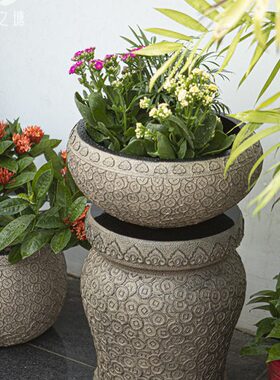 花之塘中式花园铜钱石墩户外花盆庭院盆景别墅阳台露台造景摆件