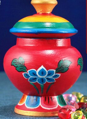 实木宝瓶彩绘莲花七彩宝瓶家居装藏供奉宝石藏式供品家用摆件全木