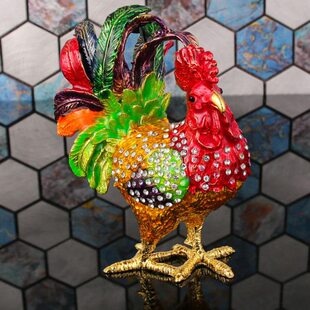 彩釉公鸡摆件鸡鸣富贵吉祥如意招财母鸡合金镶钻首饰盒装饰摆件