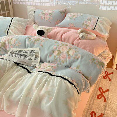 少女心刺绣冬季牛奶绒四件套加厚保暖珊瑚绒加绒被套公主床上用品